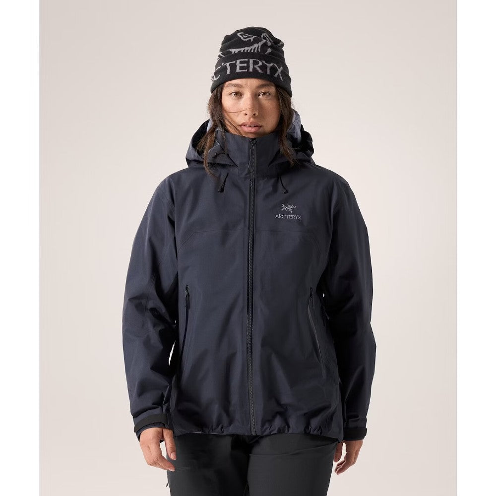 Front on-model view of women's Arc'teryx Beta AR Jacket in black sapphire colour (navy)