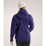 Back on-model view of women's Arc'teryx Beta SL gore-tex jacket in Soulsonic colour