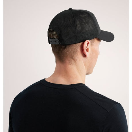 Back view of Arc'teryx Bird Trucker curved brim hat in black