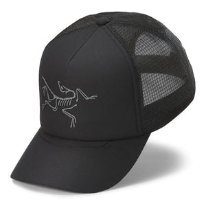 Front view of Arc'teryx Bird Trucker curved brim hat in black
