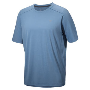 Front view of men's stone wash heather (blue) Arc'teryx Cormac t-shirt