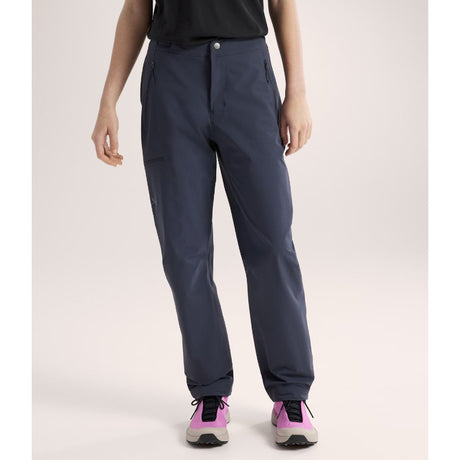 Front on-model view of women's black sapphire Arc'teryx Gamma softsheel pants