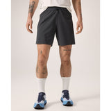 Front on-model view of men's black Arc'teryx Norvan 7" running shorts