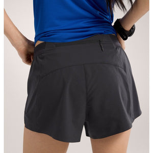 Back on-model view of women's black Arc'teryx Norvan 3" shorts
