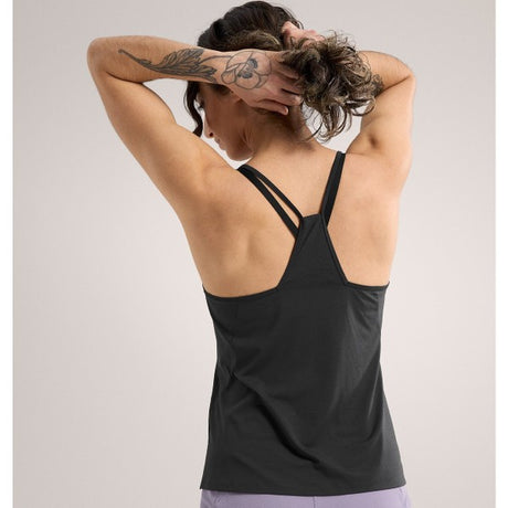 Back on-model view of women's Arc'teryx Silene tank top in black heather