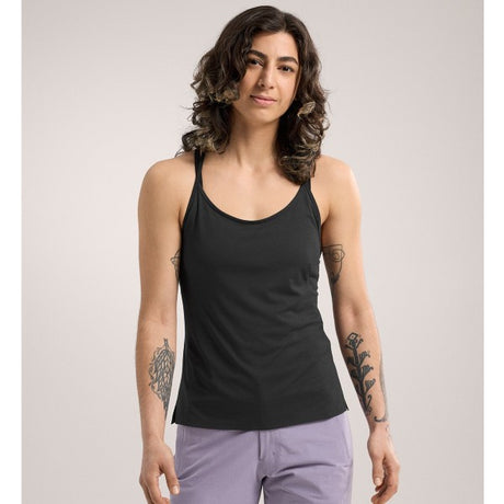 Front on-model view of women's Arc'teryx Silene tank top in black heather