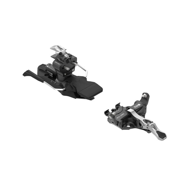 Front angled view of black ATK Crest 10 ski binding