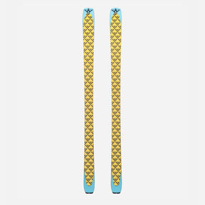 Pair of yellow/black Black Crows touring skins on a pair of skis