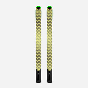 Pair of black/yellow Black Crows touring skins on a pair of skis