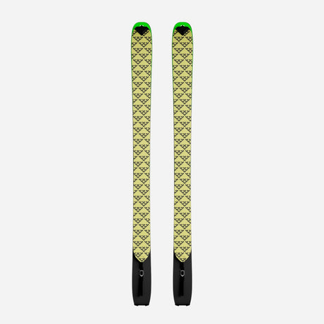 Pair of black/yellow Black Crows touring skins on a pair of skis