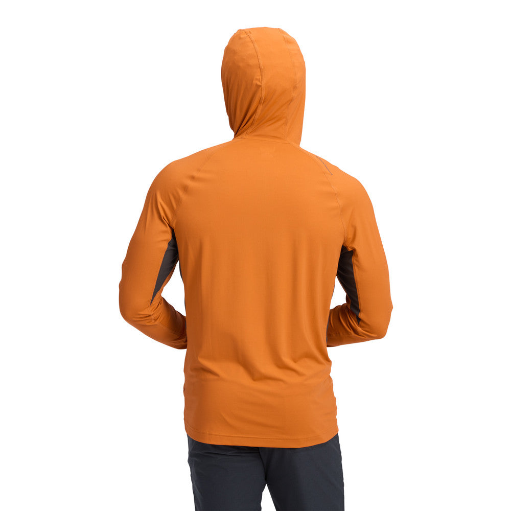 Back on-model view of men's Black Diamond Alpenglow Pro Hoody in Saffron colour