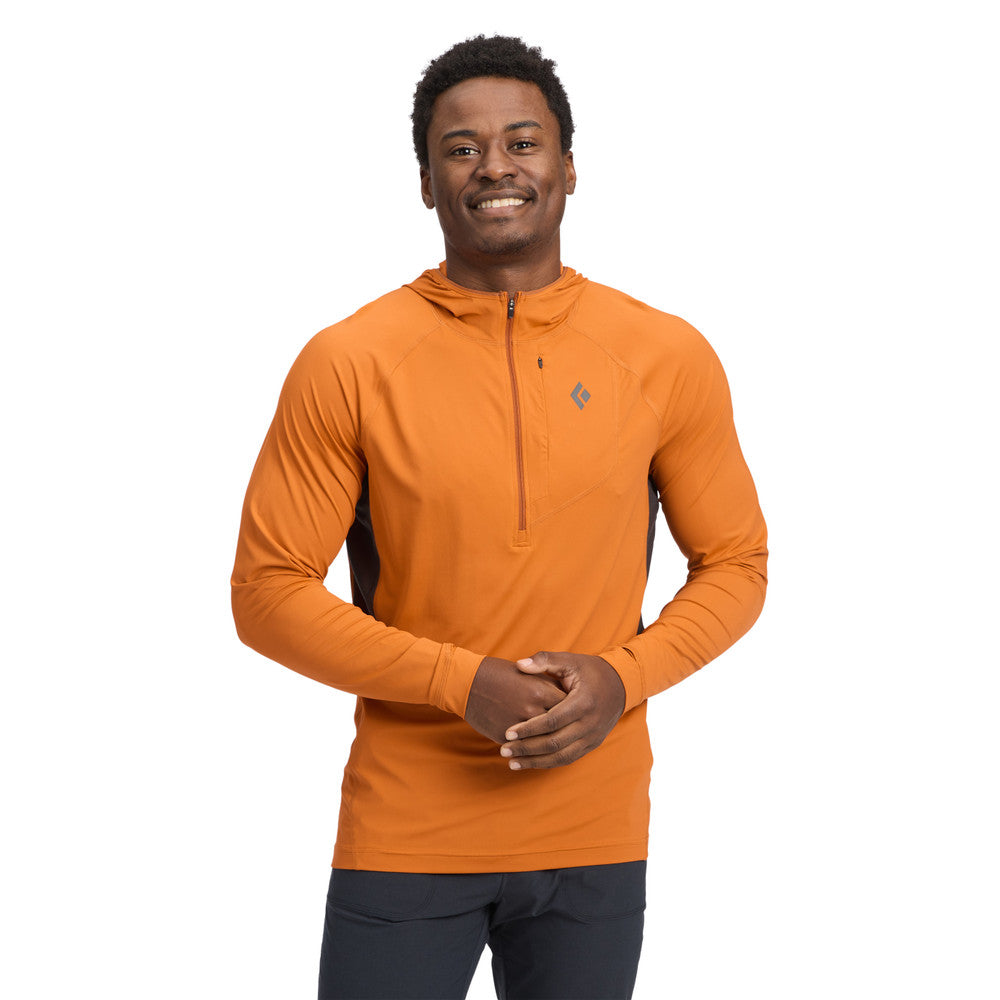 Front on-model view of men's Black Diamond Alpenglow Pro Hoody in Saffron colour