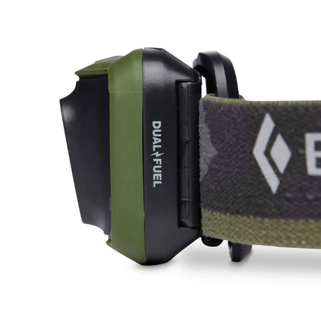 Side view of Black Diamond Cosmo 350 headlamp in Dark Olive colour