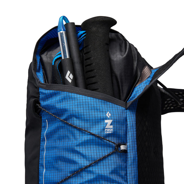 Pole storage view of Black Diamond Distance 22 backpack in Ultra Blue