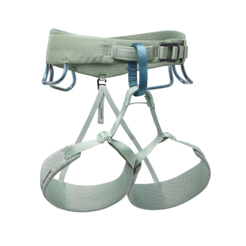 Front view of women's Black Diamond Momentum climbing harness in desert sage colour