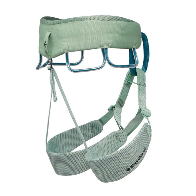 Side view of women's Black Diamond Momentum climbing harness in desert sage colour