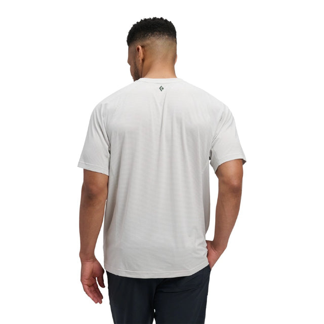 Back on-model view of men's Black Diamond SS Tech Tee in Alloy (white) colour