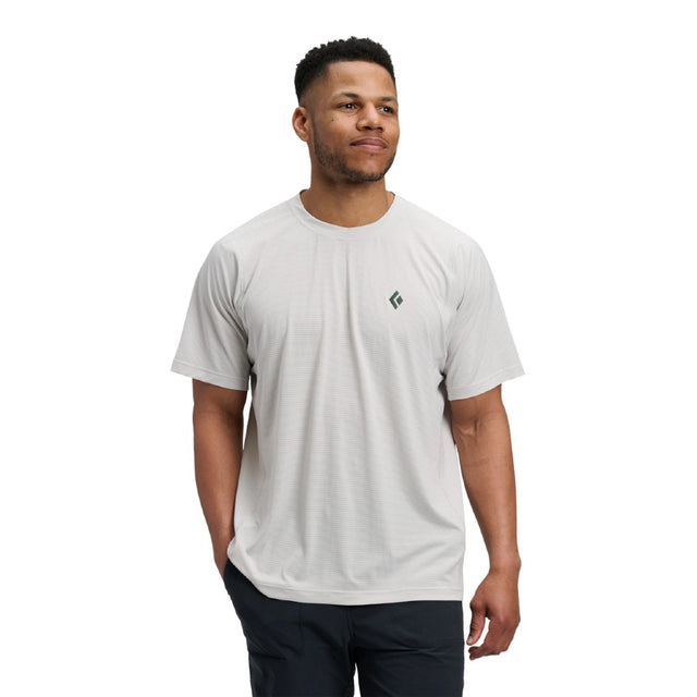 Front on-model view of men's Black Diamond SS Tech Tee in Alloy (white) colour