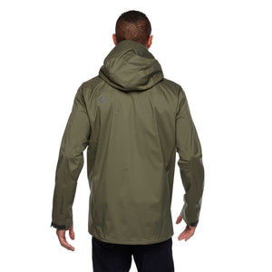 Back on-model view of Tundra (green) Black Diamond Stormline stretch rain shell