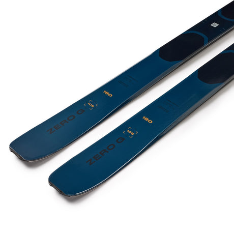 Tail detail of a pair of blue Blizzard Zero G 105 backcountry skis