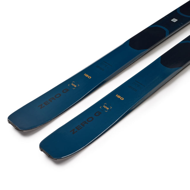 Tail detail of a pair of blue Blizzard Zero G 105 backcountry skis