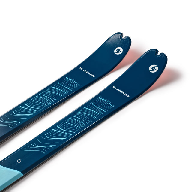 Tip detail of a pair of blue Blizzard Zero G 88 W backcountry touring skis