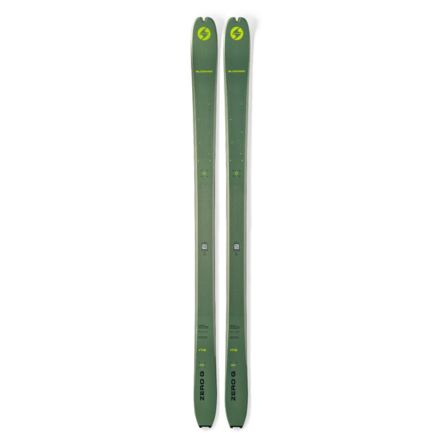 Top view of a pair of green Blizzard Zero G 88 backcountry skis