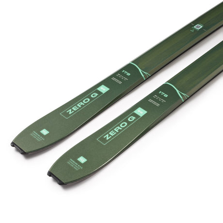 Tail detail of a pair of green Blizzard Zero G W backcountry touring skis