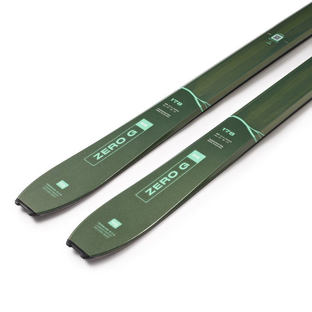 Tail detail of a pair of green Blizzard Zero G W backcountry touring skis