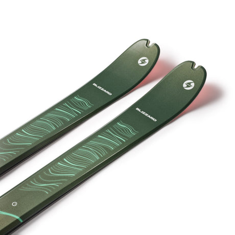 Tip detail of a pair of green Blizzard Zero G W backcountry touring skis