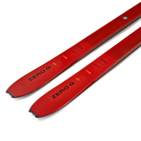 Tail detail of a pair of red Blizzard Zero G 96 backcountry touring skis