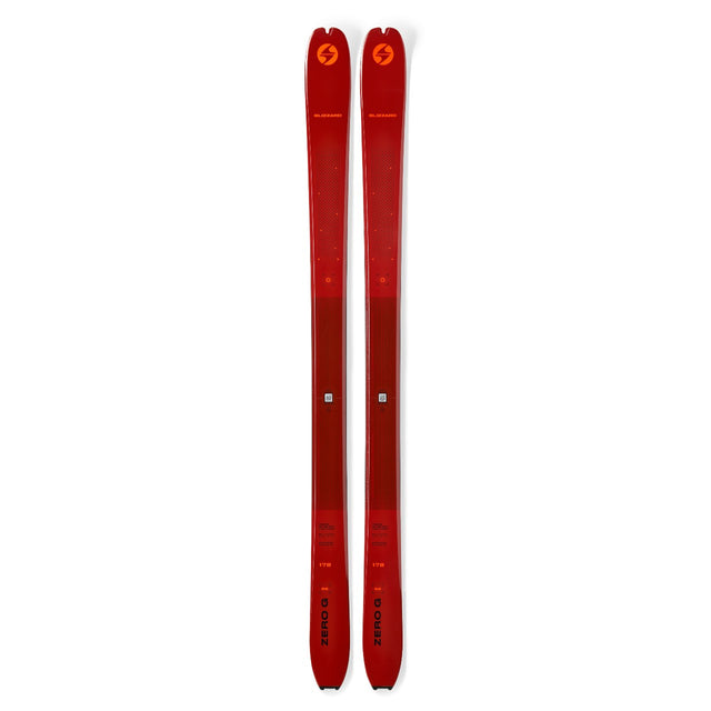 Top view of a pair of red Blizzard Zero G 96 backcountry touring skis