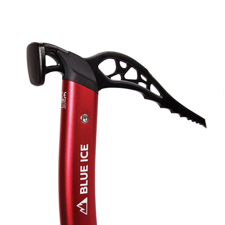 Head detail of a red hamer ice axe, Blue Ice brand