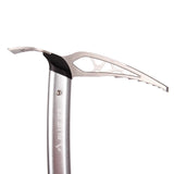 Head detail of silver ice axe, blue ice brand