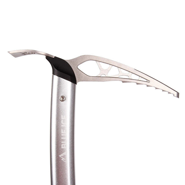 Head detail of silver ice axe, blue ice brand