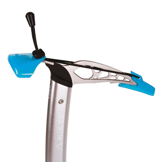 Tip protectors detail of silver ice axe, blue ice brand