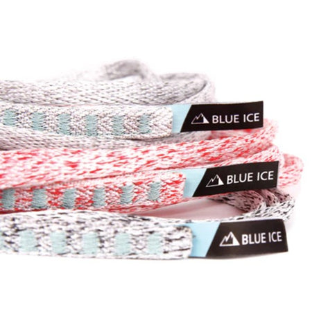 Pile of 3 different coloured climbing slings with Blue Ice brand tags