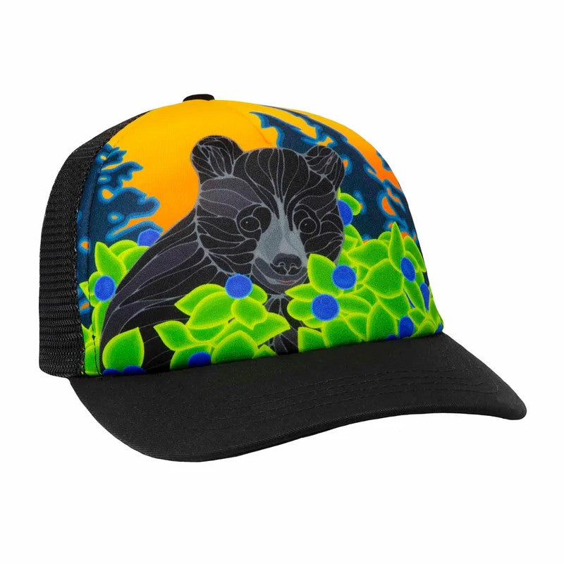 ChicaDee youth trucker hat, bear cub and blueberries design