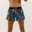 Front on-model view of men's porta potties pattern Chicknlegs split shorts