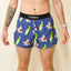 Front on-model view of men's shark pattern Chicknlegs split shorts