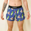 Front on-model view of men's shark pattern Chicknlegs split shorts