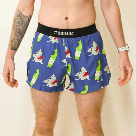 Front on-model view of men's shark pattern Chicknlegs split shorts
