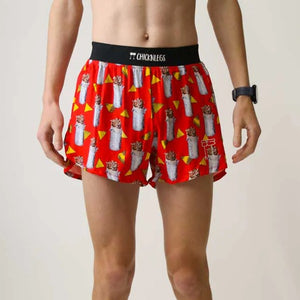 Front on-model view of men's Chicknlegs 4" half split running shorts in burritos print