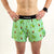 Front on-model view of men's Chicknlegs 4" half split running shorts in dino-sore print