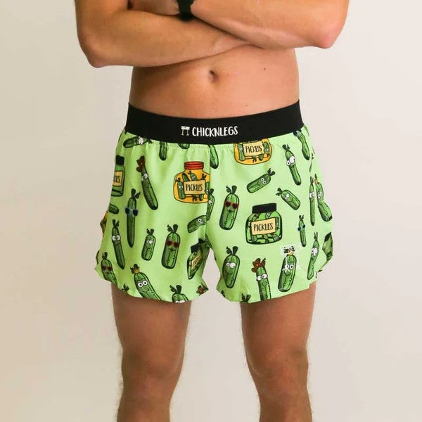 Front on-model view of men's Chicknlegs 4" half split running shorts in pickles print