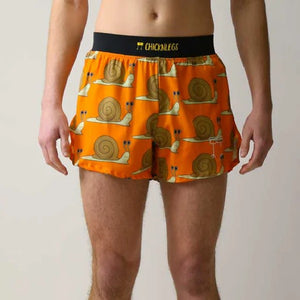 Front on-model view of men's Chicknlegs 4" half split running shorts in snails print