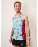 Front on-model view of men's ChicknLegs performance singlet with PB&J print
