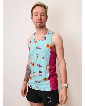 Front on-model view of men's ChicknLegs performance singlet with PB&J print