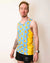 Front on-model view of men's ChicknLegs performance singlet with rubber duck print