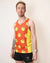 Front on-model view of men's ChicknLegs performance singlet with smiley faces print